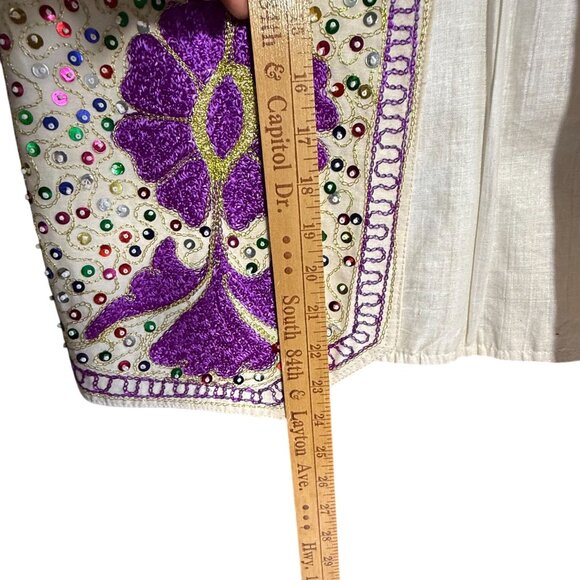 Embroidered Sequins Open Front Jacket Vest Unisex Cream Purple Sleeveless - Picture 5 of 7